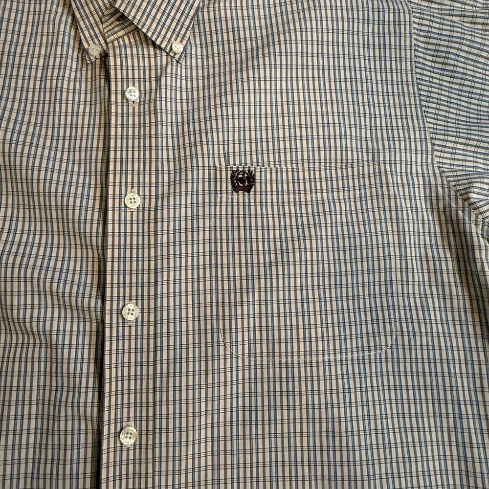 Cinch Men's Tan and Blue Striped Button Down Shirt - Picture 3 of 5